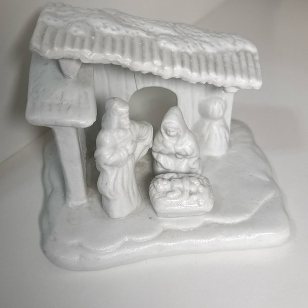 Vintage White Ceramic Nativity Scene Figurine Holy Family Manger Stable Decor